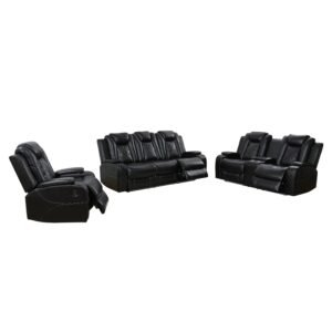 Black Breathing Leather 3-Piece Living Room Recliner Sofa