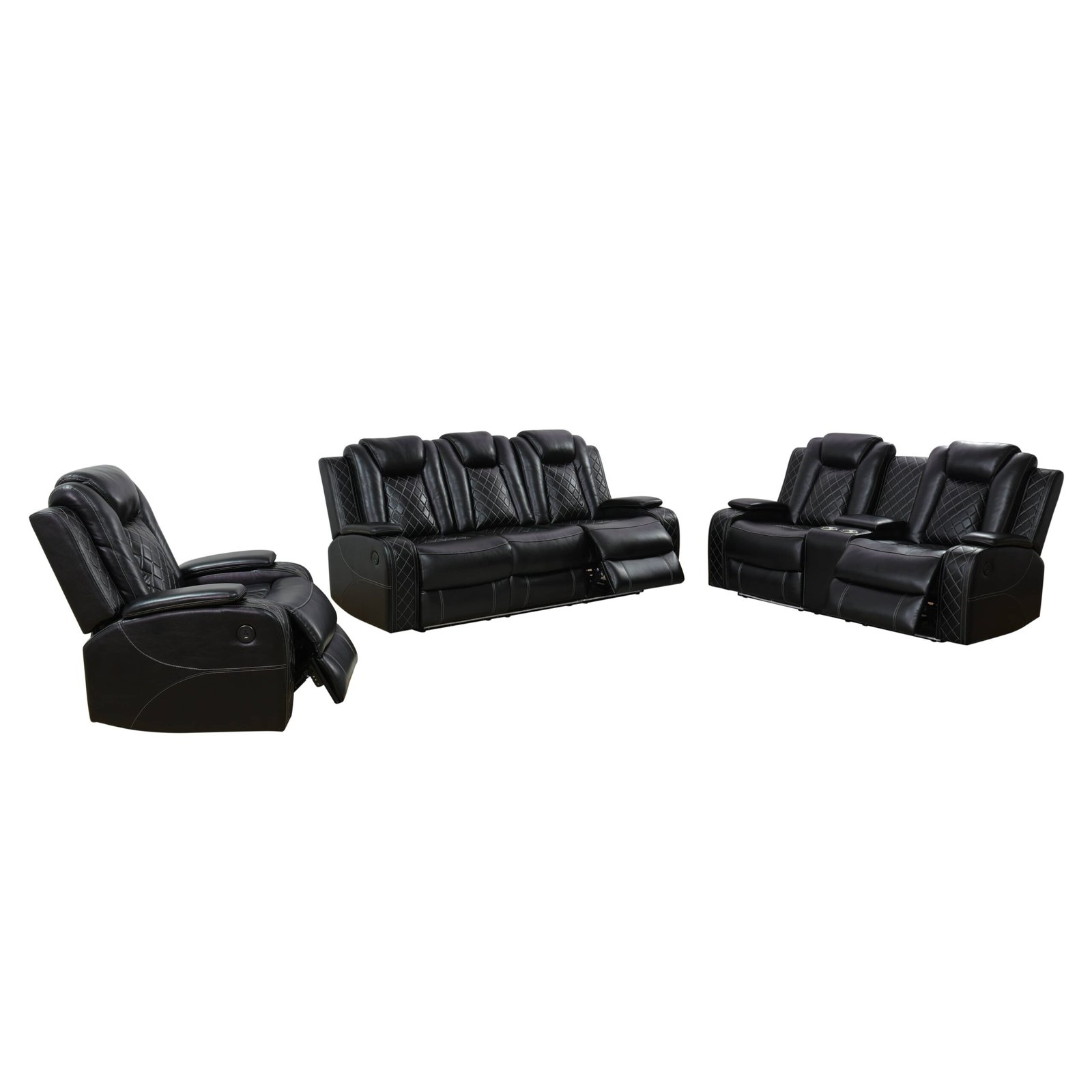 Black Breathing Leather 3-Piece Living Room Recliner Sofa